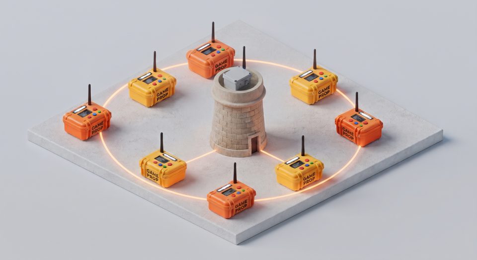 Isometric illustration: a small stone tower with a radio box on top stands in the middle of a square base, ringed by eight orange and yellow GAME PROP cases with antennas, all linked by a glowing circle.
