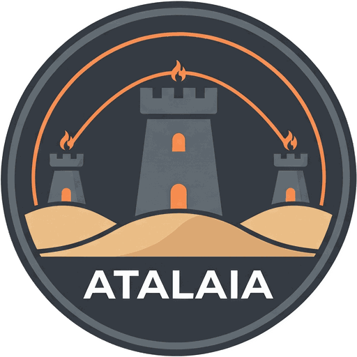 O emblema da Atalaia: três torres de vigia sobre dunas, com fogos de sinal no topo ligados por um arco, por cima da palavra ATALAIA.