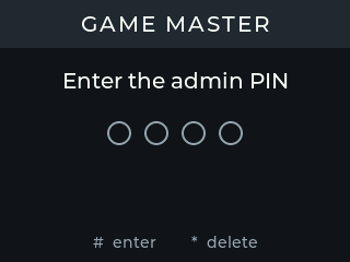 Ecrã da Field Box: cabeçalho «GAME MASTER», pedido «Enter the admin PIN», quatro círculos vazios para os dígitos, indicação «# enter * delete».