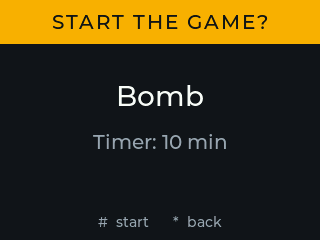 Ecrã da Field Box: cabeçalho «START THE GAME?» sobre fundo laranja, nome do modo «Bomb», «Timer: 10 min», indicação «# start * back».