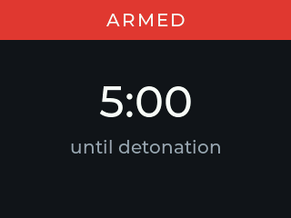 Ecrã da Field Box: cabeçalho «ARMED» sobre fundo vermelho, contagem «5:00» em grande, legenda «until detonation».