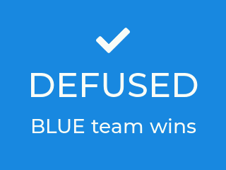 Ecrã da Field Box: fundo azul, visto branco, «DEFUSED» em grande, «BLUE team wins» abaixo.