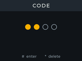 Ecrã da Field Box: cabeçalho «CODE», dois de quatro círculos preenchidos a amarelo, indicação «# enter * delete».