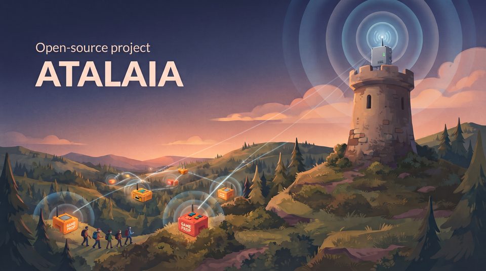 Illustration: at dusk, a stone watchtower on a hilltop carries a radio box whose signals reach glowing orange GAME PROP boxes spread across a forested valley, while a group of players walks past them. Painted text reads "Open-source project ATALAIA".