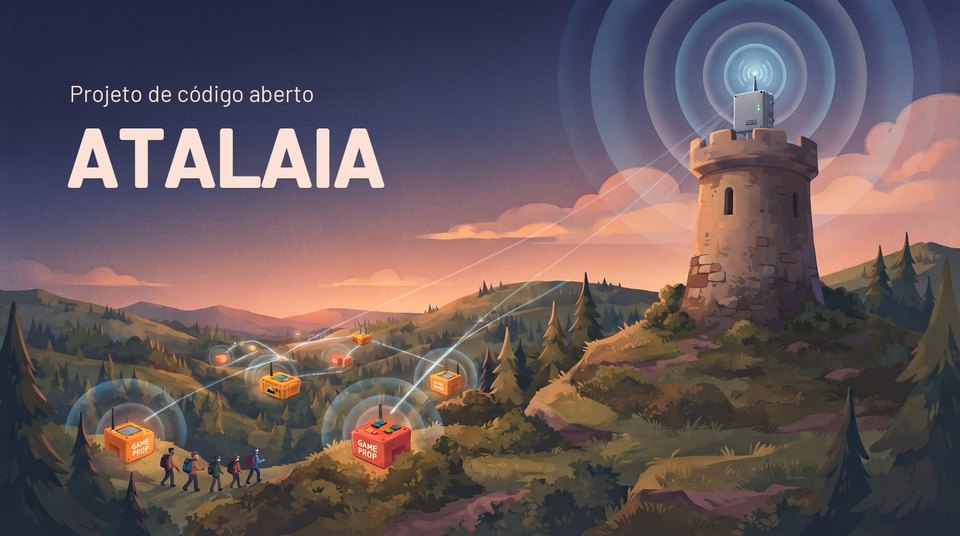 Ilustração: ao anoitecer, uma torre de vigia de pedra no alto de um monte tem uma caixa de rádio no topo, cujos sinais chegam a caixas luminosas «GAME PROP» espalhadas pelo vale, onde um grupo de jogadores caminha por um trilho. À esquerda, o título «Projeto de código aberto ATALAIA».